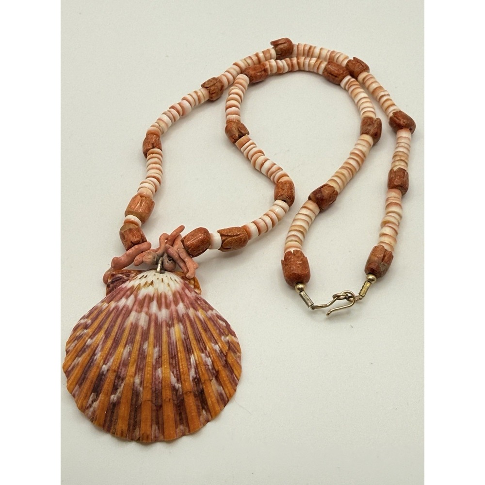 Vintage Seashell Pendant Coral Necklace Beach Boho 20"
